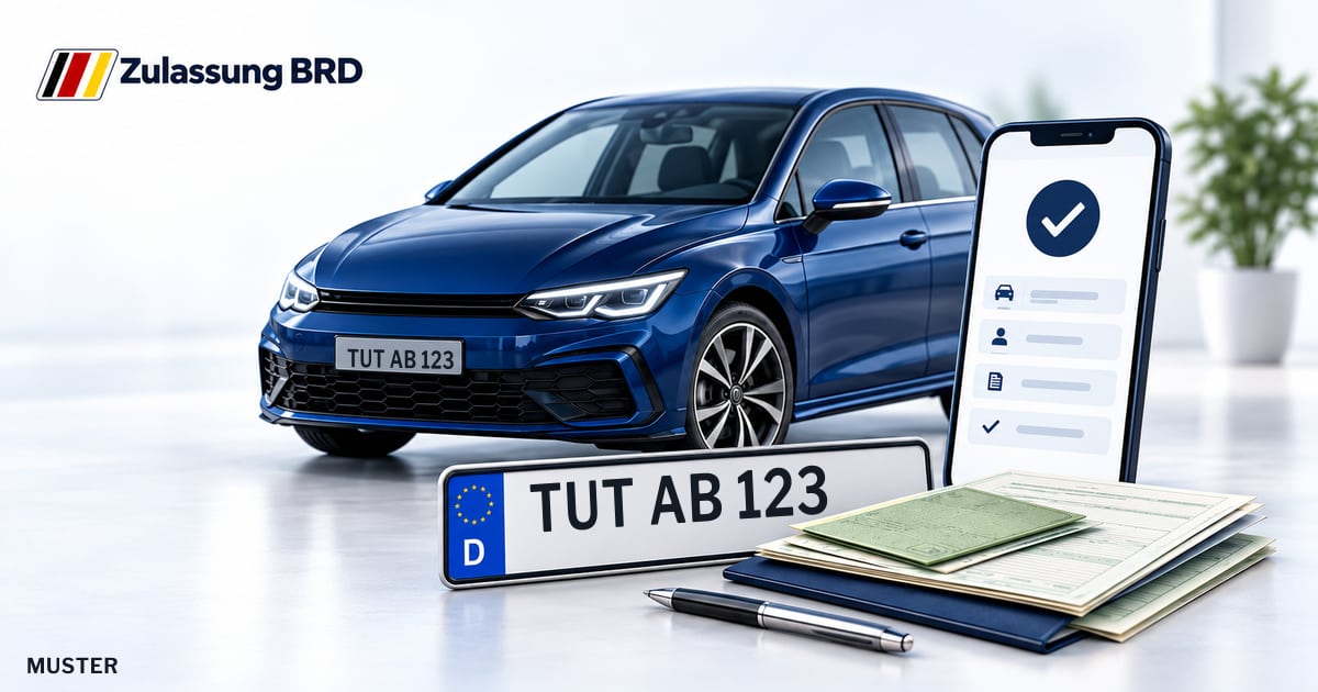 Online Fahrzeugzulassung in Trossingen: Musterkennzeichen TUT AB 123, Auto und Fahrzeugpapiere und Smartphone. Illustration mit Logo von Zulassung BRD.